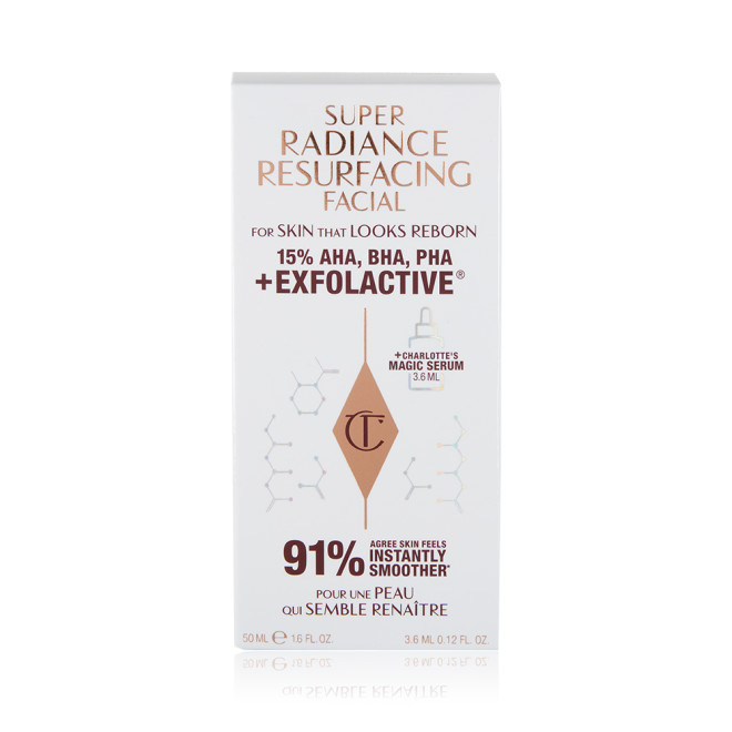 A white-coloured skincare packaging box with text that reads, 'super radiance resurfacing facial. For skin that looks reborn. 15% AHA, BHA, PHA + Exfoliative. 91% agree that skin looks instantly smoother'
