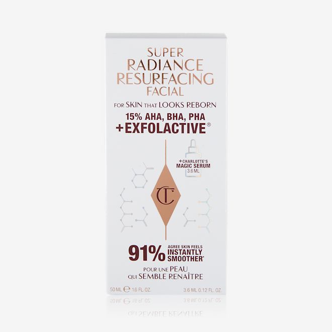 Super Radiance Resurfacing Facial box A white-coloured skincare packaging box with text that reads, 'super radiance resurfacing facial. For skin that looks reborn. 15% AHA, BHA, PHA + Exfoliative. 91% agree that skin looks instantly smoother'