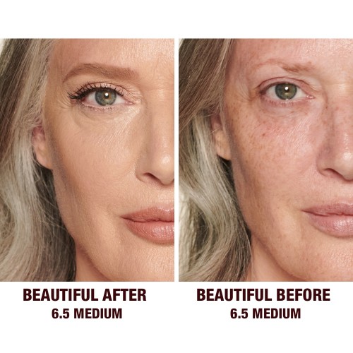 Side by side of a fair-tone model with mature skin without any concealer on one side and wearing a radiant, skin-like concealer on the other side that covers her freckles, wrinkles, and dark circles.