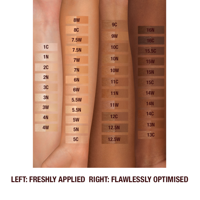 Fair, tan, medium-dark, and deep-tone arms with swatches of forty-four liquid foundations ranging from ivory, peach, and beige to sand, light brown, medium brown, and dark brown for fair, light, medium-light, medium, medium-dark, and deep tones.