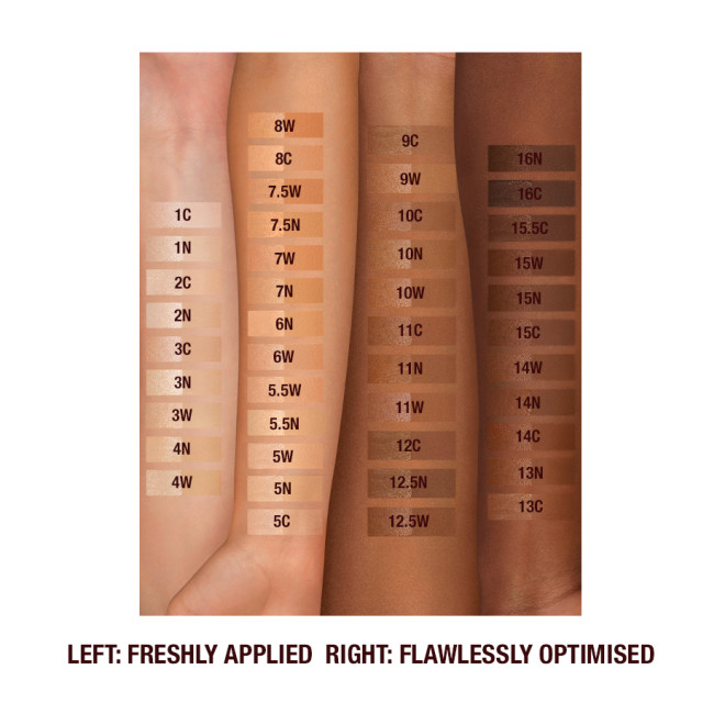 Fair, tan, medium-dark, and deep-tone arms with swatches of forty-four liquid foundations ranging from ivory, peach, and beige to sand, light brown, medium brown, and dark brown for fair, light, medium-light, medium, medium-dark, and deep tones.