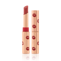 Two matte lipsticks, with and without lids, in gold-coloured tubes with kiss prints all over in dusty rose colour.