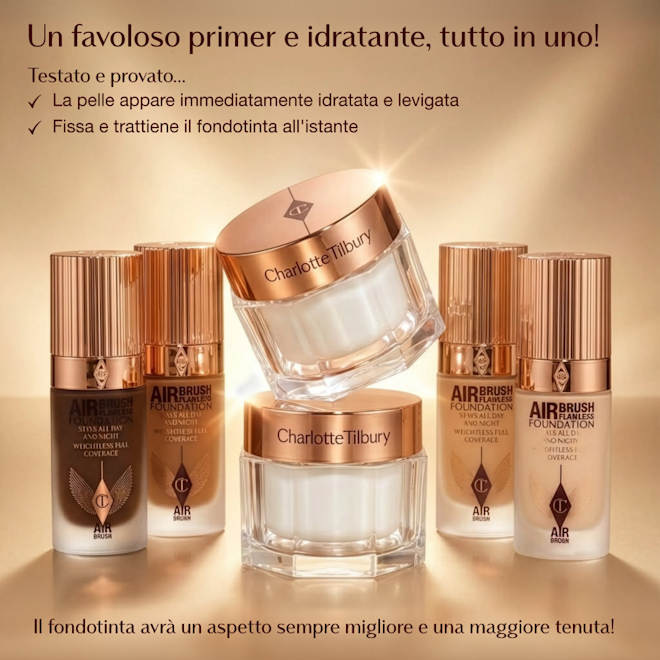 Magic Cream - infografica crema idratante e primer in uno Vasetto della crema idratante Charlotte Tilbury esposto tra vari flaconi di Airbrush Flawless Foundation, tutti in confezione oro e rosa dorato. Testo in alto: "Crema idratante miracolosa e primer in uno". Altre affermazioni sottolineano che il prodotto rende la pelle immediatamente più liscia e idratata, e aiuta a fissare il fondotinta con una resa migliore. Un rigo nella parte inferiore: "Il fondotinta apparirà sempre al meglio e durerà più a lungo!"