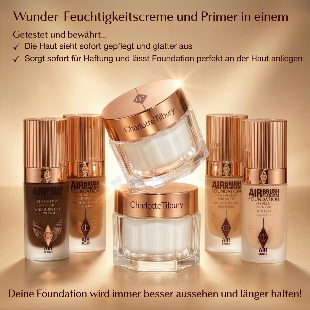 Der Tiegel der Charlotte Tilbury Feuchtigkeitscreme befindet sich unter mehreren Airbrush Flawless Foundation-Flaschen in roségoldener und goldener Verpackung. Der Text oben lautet: „Wunder-Feuchtigkeitscreme & Primer in einem“. Zusätzliche Aussagen besagen, dass das Produkt die Haut sofort mit Feuchtigkeit versorgt und glatter aussehen lässt und die Foundation besser fixiert und festigt. Unten steht: Deine Foundation sieht immer besser aus und hält länger!