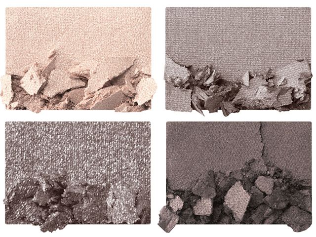 Four eyeshadow swatches in shades of grey, pearl, graphite, and silver