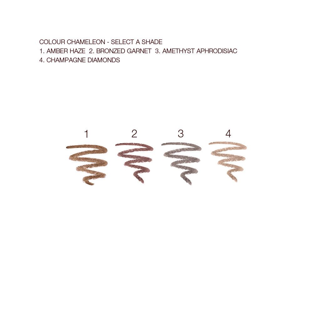 Swatches of four eyeshadow pencils in dark amber, smokey red, dark purple, and bright champagne shades. 