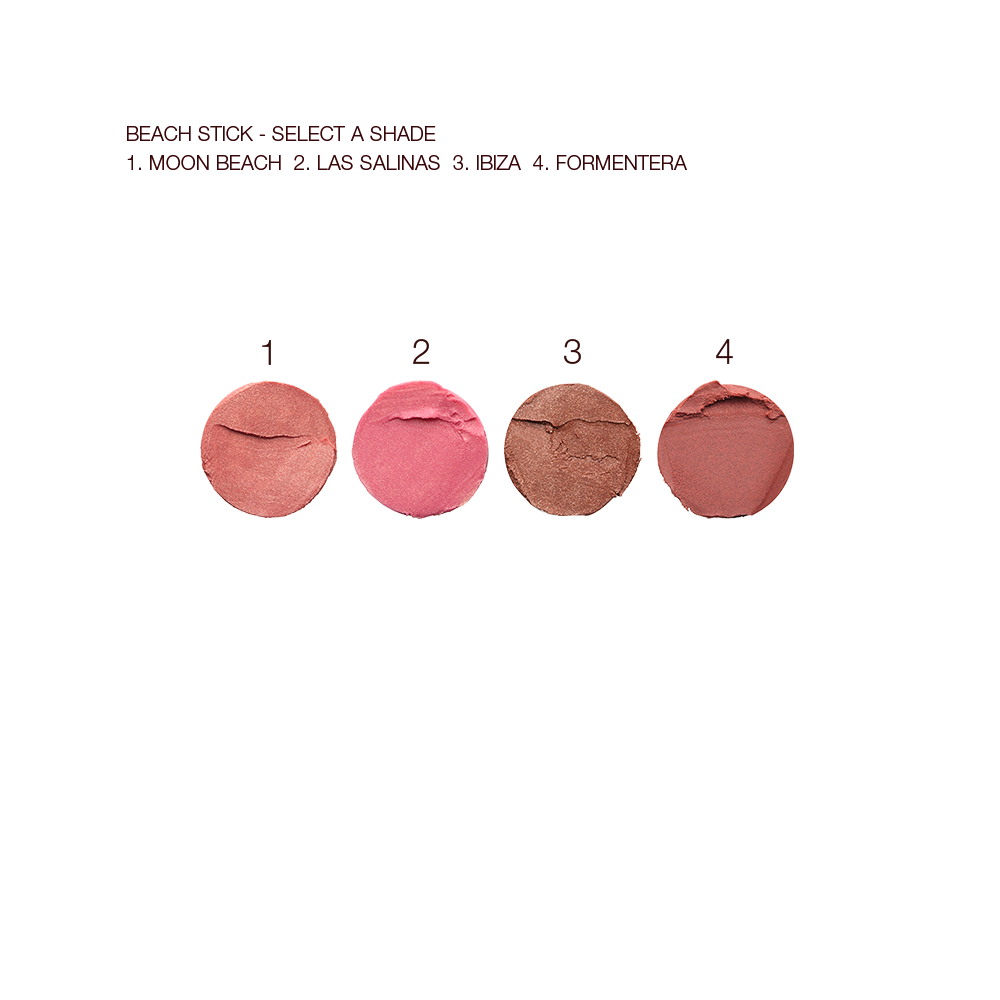 Swatches of four blush sticks in brownish red, fuchsia, chocolate brown, and terracotta.