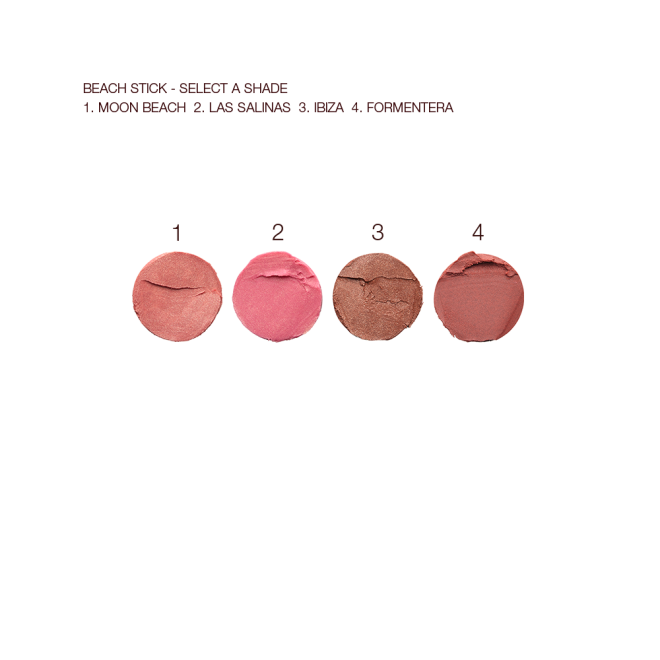 Swatches of four blush sticks in brownish red, fuchsia, chocolate brown, and terracotta.