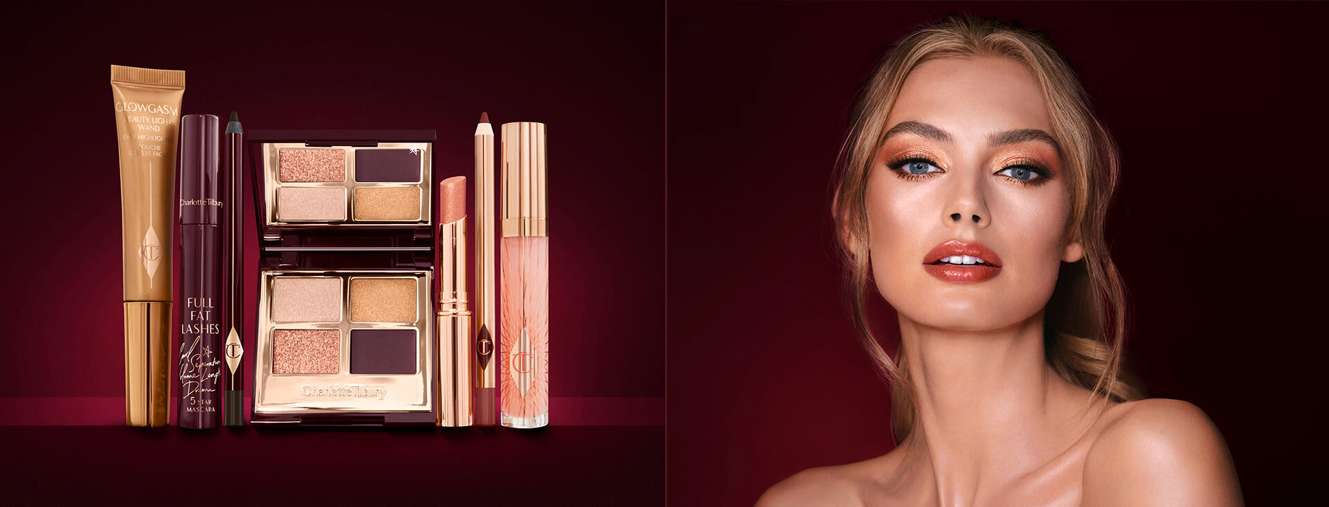 A fair-tone model with blue eyes wearing shimmery copper and gold eye makeup with black eyeliner, glowy bronzed cheeks, and pinkish-brown lipstick with gloss on top, along with a  highlighter wand in a honey-gold-coloured tube with a mascara, eyeliner pencil, quad eyeshadow palette with shimmery and matte rose gold, plum, and golden shades, an open lipstick in nude coral, lip liner pencil in soft plum, and a lip gloss in nude pink. 
