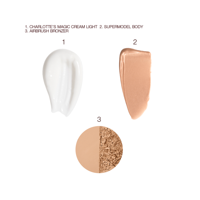 Swatches of thick, pearly-white face cream, body liquid highlighter in a glowy sand-coloured shade, and powder bronzer in a beige colour. 