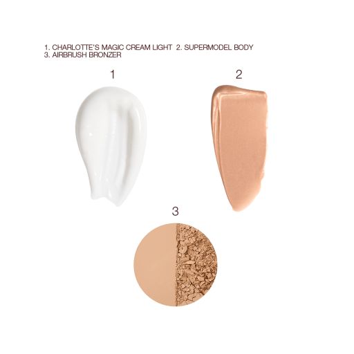 Swatches of thick, pearly-white face cream, body liquid highlighter in a glowy sand-coloured shade, and powder bronzer in a beige colour. 