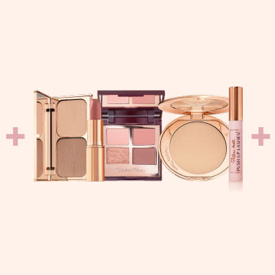 Banner with an open duo contour palette, open nude pink lipstick, quad eyeshadow palette with a mirrored-lid, pressed powder compact with a mirrored-lid, and black mascara in a nude pink tube with a gold-coloured lid.