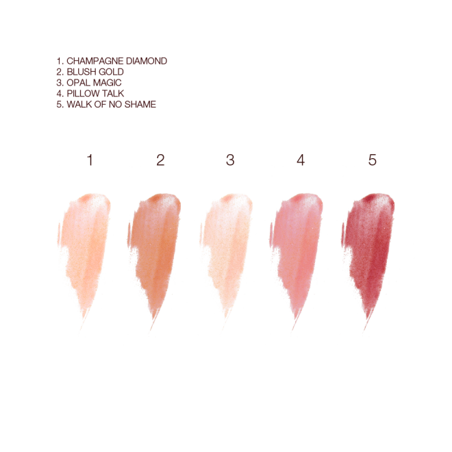 Swatches of five, shimmery lip glosses in champagne, coppery pink, opal beige, nude pink, and berry-pink colours. 