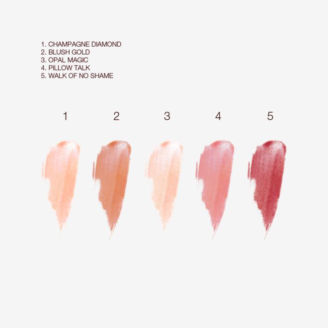 Jewel Lip collection swatches Swatches of five, shimmery lip glosses in champagne, coppery pink, opal beige, nude pink, and berry-pink colours.