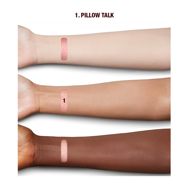 Colour Chameleon in Pillow Talk arm swatches Fair, tan, and deep-tone arms with swatches of a metallic, nude pink eyeshadow.