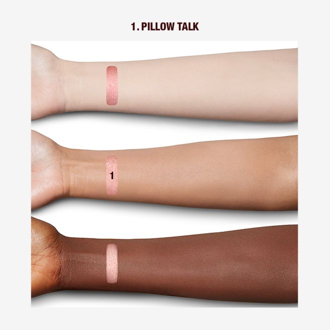 Colour Chameleon in Pillow Talk arm swatches Fair, tan, and deep-tone arms with swatches of a metallic, nude pink eyeshadow.