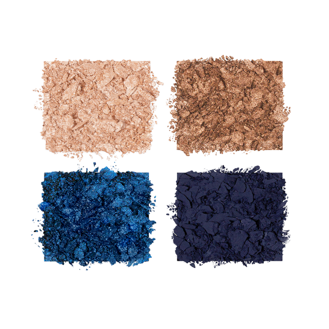 Swatches of four, crushed, matte and shimmery eyeshadows in shades of blue, bronze, and champagne. 