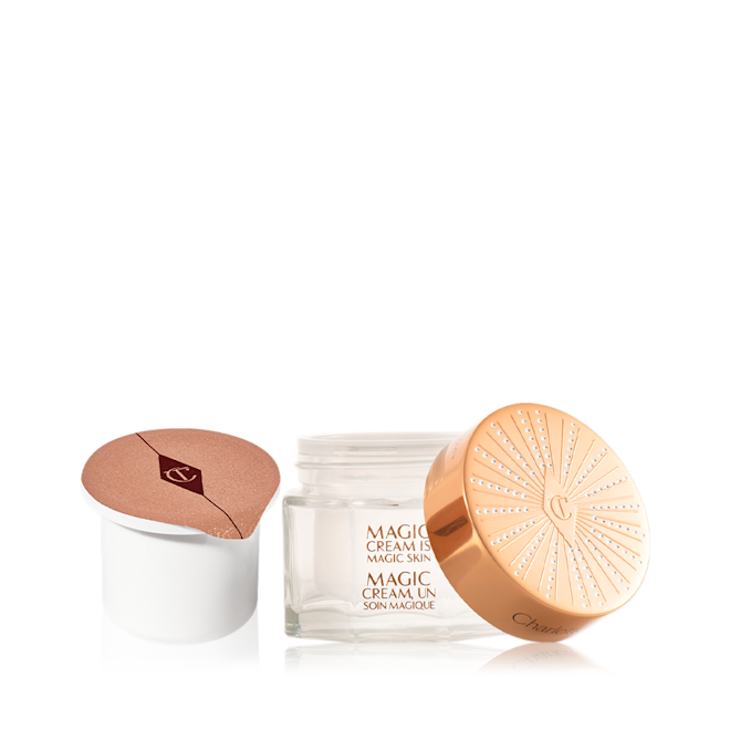 Magic Cream Refill Gift set displayed Pearly-white cream in a glass jar with a gold-coloured lid along with its refill in a white-coloured pot with an easy-to-peel-off cover.