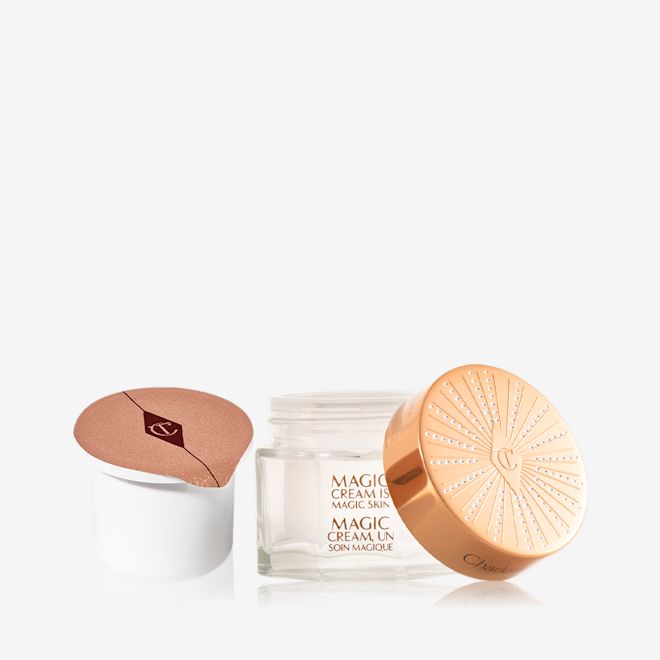 Magic Cream Refill Gift set displayed Pearly-white cream in a glass jar with a gold-coloured lid along with its refill in a white-coloured pot with an easy-to-peel-off cover.
