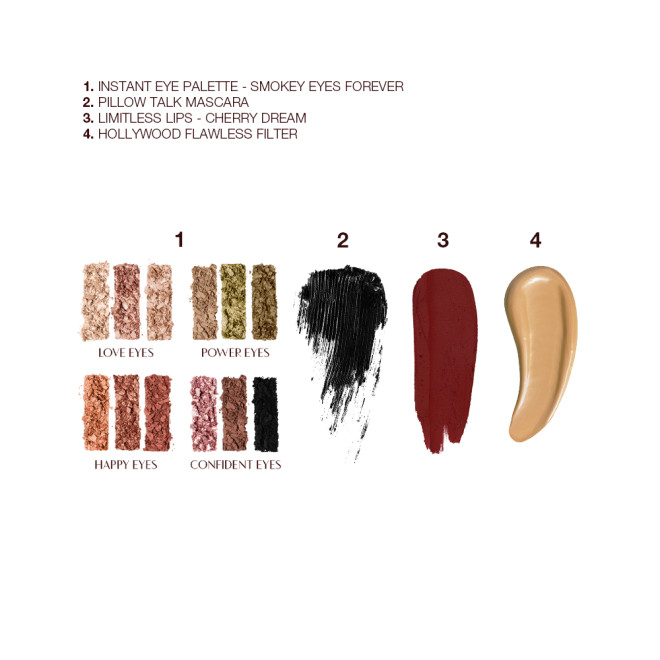 Swatches of a 12-pan eyeshadow palette with shades in pink, gold, peach, red, green, brown, and black, black mascara, dark brown-red matte lipstick, and glowy primer in a honey-beige shade.
