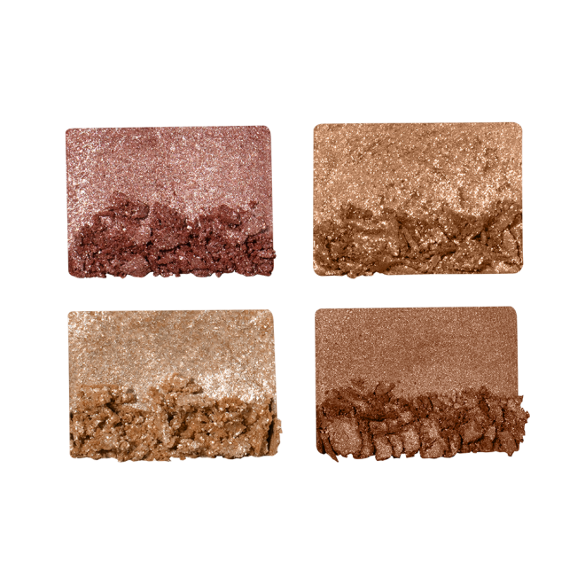 Swatches of four, soft earthy-tone shimmery eyeshadows in shades of pink, brown, and gold.