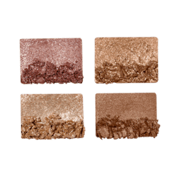 Swatches of four, soft earthy-tone shimmery eyeshadows in shades of pink, brown, and gold.
