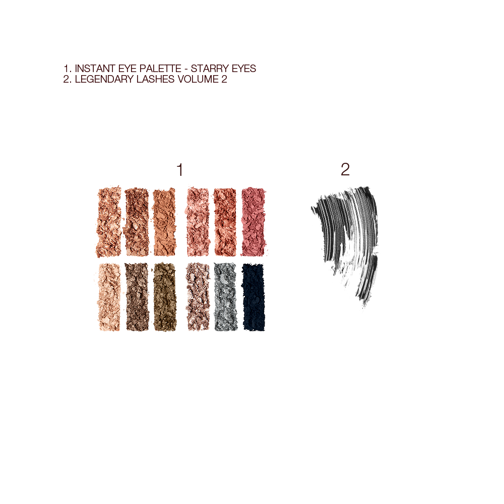 Swatches of twelve eyeshadows in shades of pink, brown, peach, golden, blue, and green, along with swatch of a black mascara.
