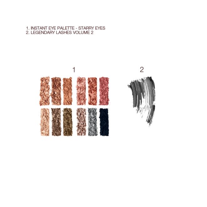 Swatches of twelve eyeshadows in shades of pink, brown, peach, golden, blue, and green, along with swatch of a black mascara.