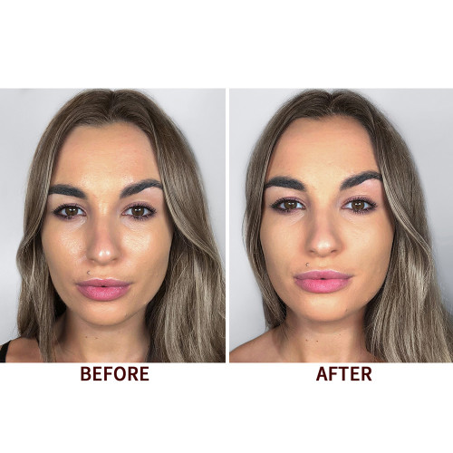 Before and after of a light-tone model wearing nude pink lipstick and smokey eye makeup along with a pressed powder in medium brown colour that makes her skin looks matte and flawless. 