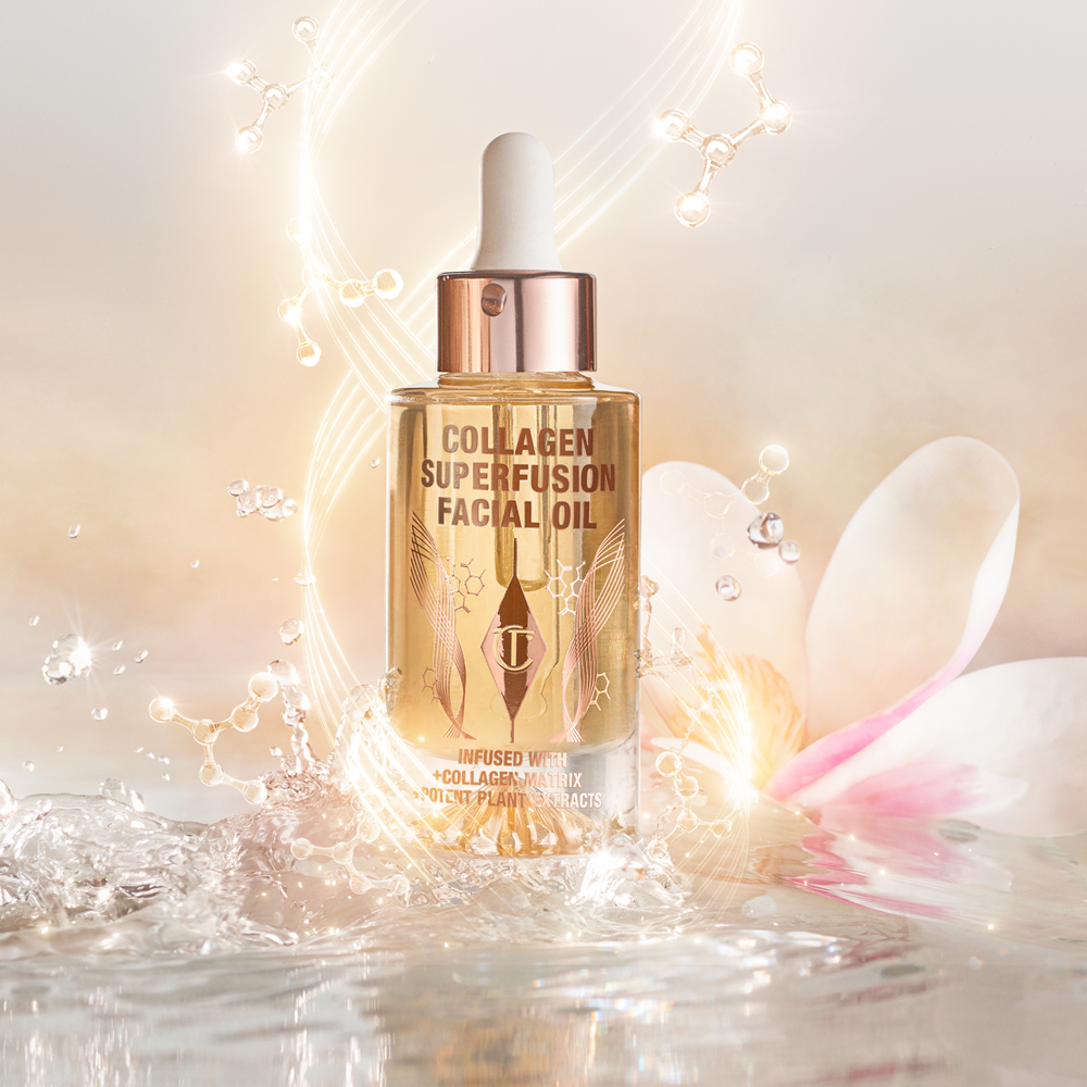 Collagen Superfusion Facial Oil with flower petal backdrop