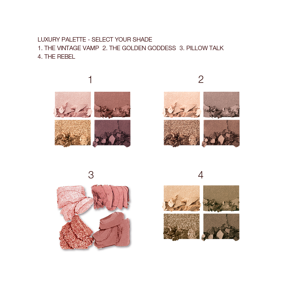 Swatches of four, quad eyeshadow palettes with matte and shimmery eyeshadows in brown, gold, pink, red, beige, peach, green, and grey shades. 
