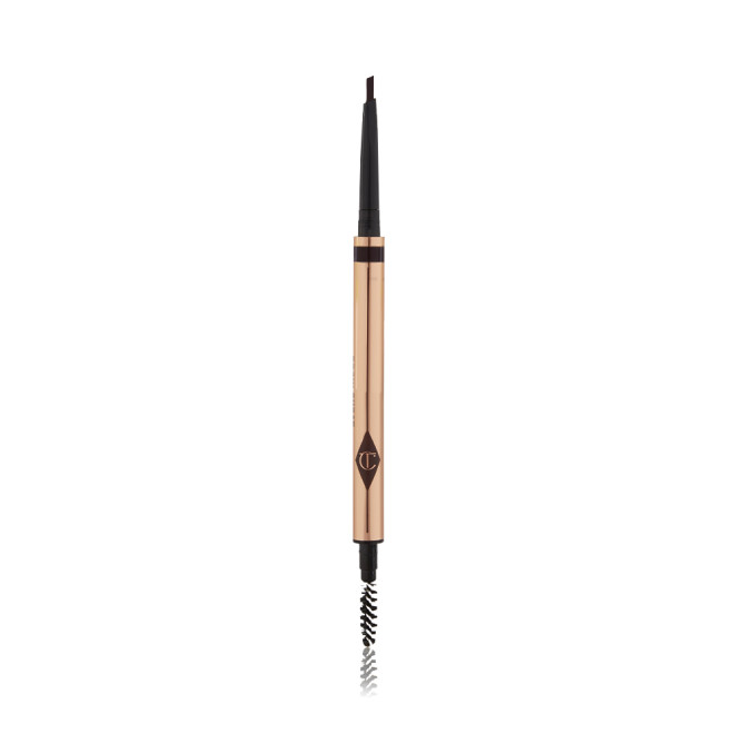 A double-ended eyebrow pencil and spoolie brush duo in a black-brown shade with gold-coloured packaging.