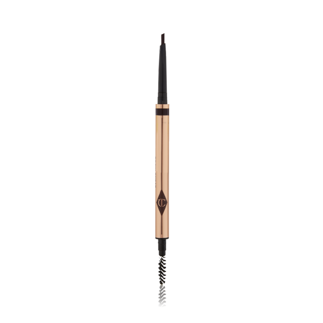 A double-ended eyebrow pencil and spoolie brush duo in a black-brown shade with gold-coloured packaging.