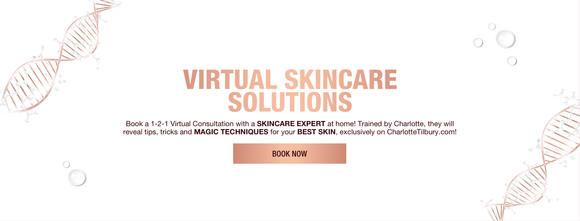 Banner with rose-gold-coloured DNA strings on the border and text on the banner that reads, 'virtual skincare solutions. Book a 1-2-1 virtual consultation with a skincare expert at home! trained by Charlotte, they will reveal tips, tricks, and magic techniques for your best skin, exclusively on CharlotteTilbury.com! Book now'.