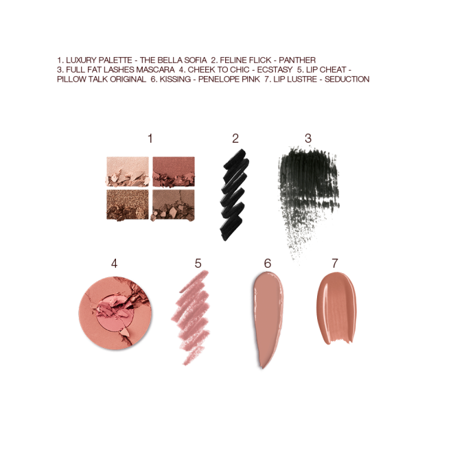 Swatches of a quad eyeshadow palette in matte and shimmery nude brown shades, black eyeliner and black mascara, two-tone blush in light brown and warm pink, lip liner in nude pink, lipstick in fawn, and lip gloss in nude brown. 