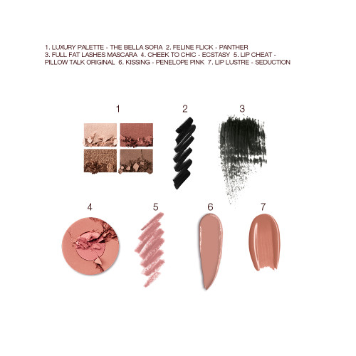 Swatches of a quad eyeshadow palette in matte and shimmery nude brown shades, black eyeliner and black mascara, two-tone blush in light brown and warm pink, lip liner in nude pink, lipstick in fawn, and lip gloss in nude brown. 