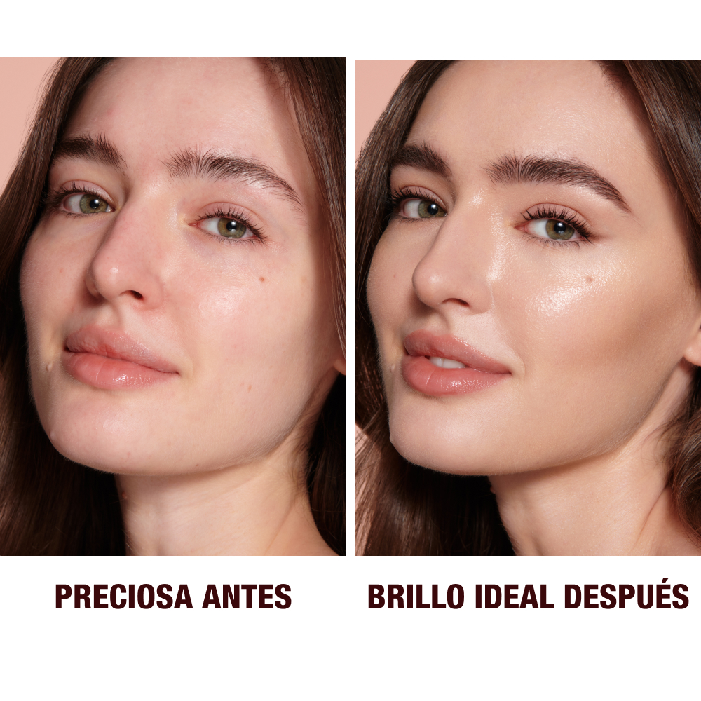 Close-up of a before and after of a light-tone model wearing smokey brown eye makeup with a  glow-boosting primer that blurs her pores and makes skin look flawless. 