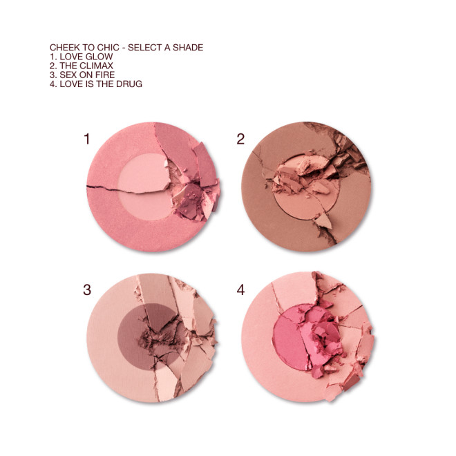 Swatches of four, two-tone blushes in shades of brown and pink, mauve and wine, nude pink and hot pink, and muted pink and medium pink.