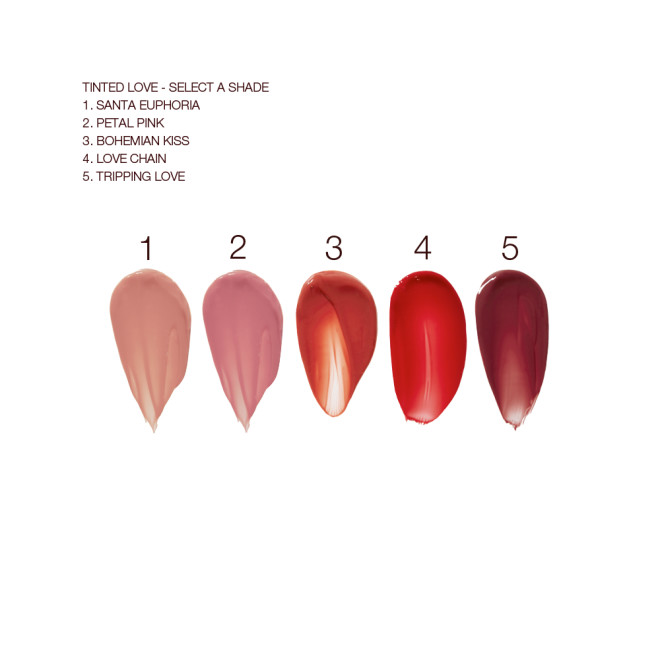 Swatches of five lip and cheek tints in nude brown-pink, dusky pink, orange-brown, poppy-red, and vampy dark crimson colours. 