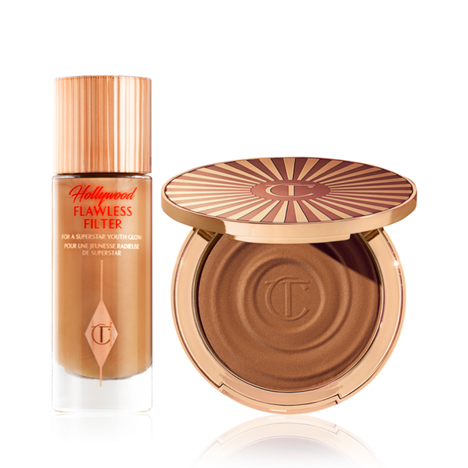 Glowy primer in a frosted glass bottle with a gold-coloured lid and cream bronzer compact.