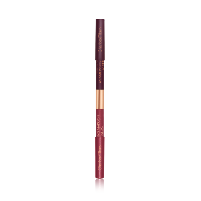 closed-up, double-sided eyeliner pen with half the outside a bright maroon and the other half a rich violet. 