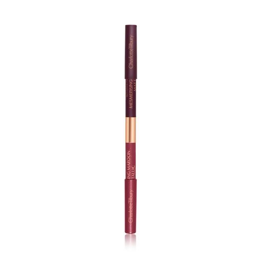 closed-up, double-sided eyeliner pen with half the outside a bright maroon and the other half a rich violet. 