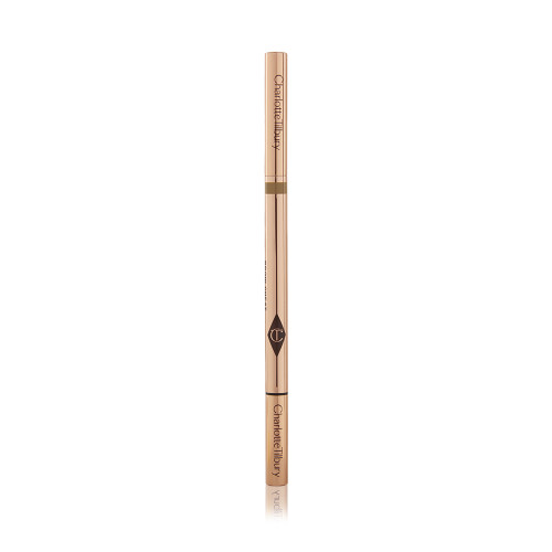 A closed, double-ended eyebrow pencil and spoolie brush in gold-coloured packaging.