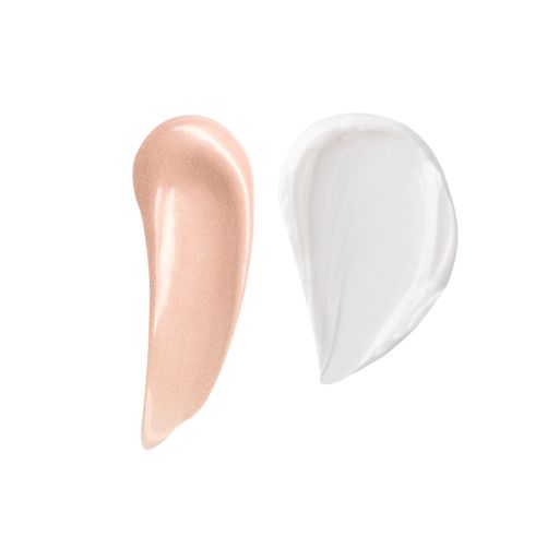 Swatches of a glowy, rose-gold coloured primer and a pearly-white face cream. 