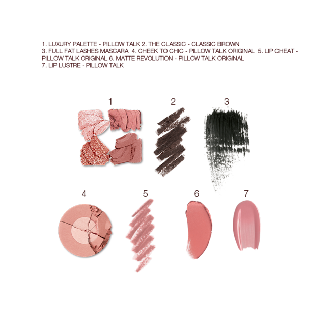 The Pillow Talk Look swatches Swatches of a quad eyeshadow palette in matte and shimmery pink and brown brown shades, dark brown eyeliner and black mascara, two-tone blush in rose gold golden peach and light pink, lip liner in nude pink, lipstick in warm pink, and lip gloss in nude pink.
