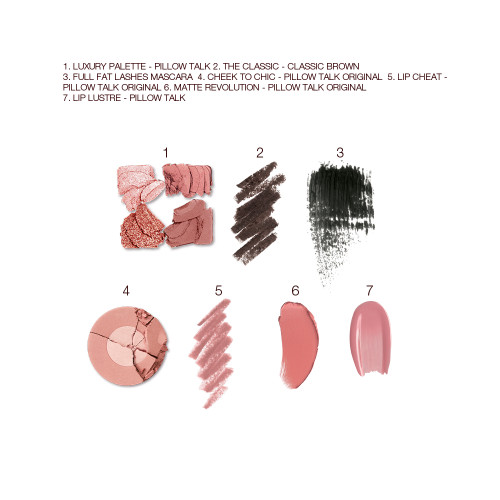 Swatches of a quad eyeshadow palette in matte and shimmery pink and brown brown shades, dark brown eyeliner and black mascara, two-tone blush in rose gold golden peach and light pink, lip liner in nude pink, lipstick in warm pink, and lip gloss in nude pink. 