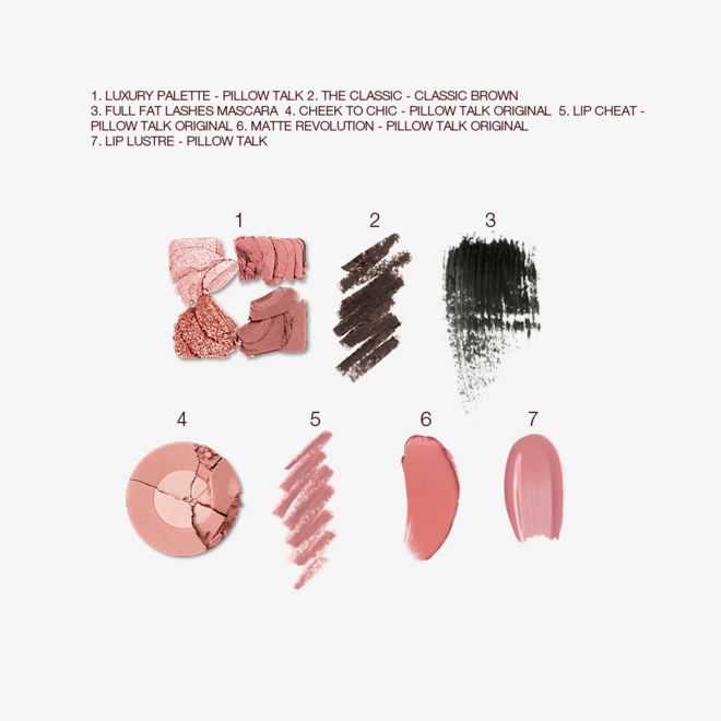 The Pillow Talk Look swatches Swatches of a quad eyeshadow palette in matte and shimmery pink and brown brown shades, dark brown eyeliner and black mascara, two-tone blush in rose gold golden peach and light pink, lip liner in nude pink, lipstick in warm pink, and lip gloss in nude pink.