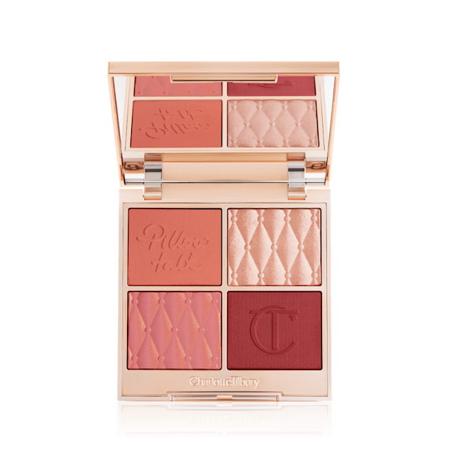Pillow Talk Beautifying Face Palette in Medium Deep features 4 peach blush and highlighter shades for beautifying the cheeks