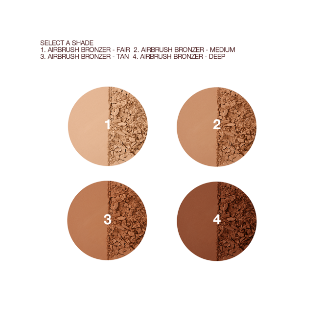 Swatches of four powder bronzers in shades of light beige, sand, medium-brown, and dark brown. 