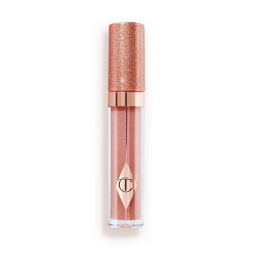 A shimmery lip gloss in a rosy opal shade with fine glitter with a glittery lid. 